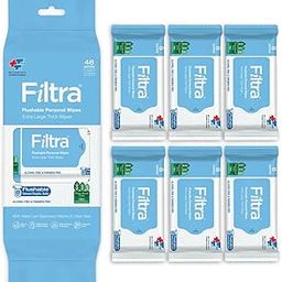 Filtra® Flushable Personal Wipes | 99% Water Wipes | 100% Flushable & Septic Safe | Baby Wipes | Toilet Wipes | Intimate Wipes | Menstrual Wipes | Hygiene Wipes| Surface Wipes | Travel Wipes | Fragrance Free | Zero Alcohol & Parabens | Latest Technology - 100% Plant Based, Flushable, Biodegradable | 8 Wipes/Mini Pack, 6 Mini Packs/Bag = 48 Wipes-48