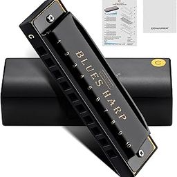 CONJURER Blues Harmonica for Kids Beginners, 10 Hole Diatonic Harmonica Key of C, Brass Reed Metal Mouth Organ C Key Blues Harp with Case, Black-8