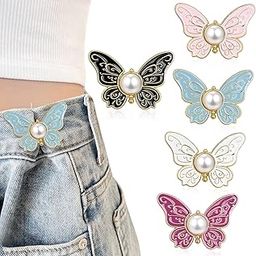 TecoKart® 5 Sets Butterfly Jean Buttons Waist Tightener for Loose Pants, No-Sew Adjustable Waist Buckle Clips, Detachable Decorative Jean Button Pins for Women’s Jeans & Skirts-0