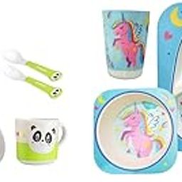 Deepashri™ Bamboo Fibre Dinner Set for Kids | Eco-Friendly Tableware Set Plate Bowl Cup Fork and Spoon Feeding Utensils for Kids and Toddlers Set of 2 (5 Pieces Each) (Panda+Blue_Unicorn)-image-84