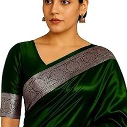 Banarasi Satin Silk Saree with Silver Zari Border, Shiny Fabric, Matching Blouse Piece-picture-23