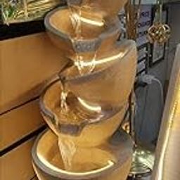 Tiered Ceramic Water Fountain, Indoor Tabletop Decorative Fountain with LED Lights, Cascading Bowl Design-image-43