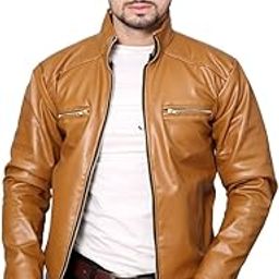 Men's classy faux Leather Solid Jacket (Beige, Medium)-image-25