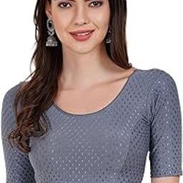 Round Neck Dobby Cotton Lycra Stretchable Elbow Sleeve Readymade Saree Blouse for Women Stylish Design-image-80