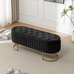 Decorlevel Upholstered Flip Top Storage Bench Modern Velvet Storage Bench Flip Top Footstool for Bedroom, Living Room & Entryway with Golden Metal Sled Legs (Black)-image-36