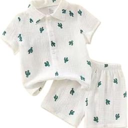 Baby Cotton Muslin Summer Set, Cactus Print, White Short Sleeve Shirt and Shorts, 2-Piece-image-21