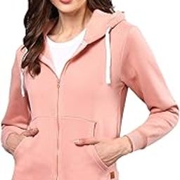 Women's Light Pink Zip-Front Hoodie with Ribbed Hem for Casual Wear | Hooded Neck | Long Sleeve | Zipper Closure | Cotton Sweatshirt Crafted with Comfort Fit for Everyday Wear-image-37