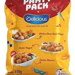 Elicious Chicken Party Pack | Nuggets-250g | Cheese Garlic Fingers-250g |Popons-110g | 610g-14