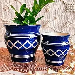 Niyara Stylish Ceramic Pots Planters for Indoor Plants,Succulent,Outdoor,Balcony,Home,Garden,Office (Set of 3) Size -Large 9 inches 7 inches & 5 inches (Moroccan Blue and White Set of 2)-picture-5