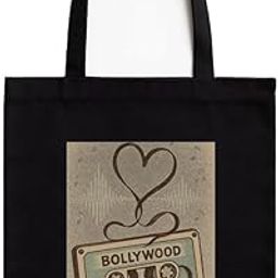 Bollywood Cassette Heart Black Cotton Tote Bag with A4 Printable Pocket, Bollywood Meme Print, Zipper Closure, Trendy Eco-Friendly Shoulder Bag for Pop Culture Fans-image-97