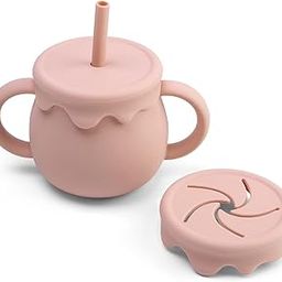 Ginbear 2-in-1 Silicone Baby Cups with Straw and Lid for Snacks, 8.5 oz Spill-Proof Sippy Cups, Training Cup for Toddlers Ages (Pink.)-image-55