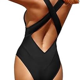 Sexy Swimsuit for Women High Cut One Piece Cheeky Swimsuits Deep V Neck Criss Cross Backless, black, M-image-8