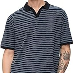Jacquard Polo: Men and Boys Short Sleeves Collared Neck Striped Cotton Oversized Polos-image-21