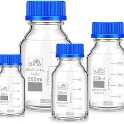 Bello Borosilicate Glass 3.3 Measuring Reagent Bottle 50ml, 100ml, 250ml & 500ml With blue Screw Cap lab, Pack of 4 for laboratory and professional use-16