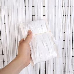 JooGTooK 3ftx6ft Metallic Shimmer Backdrop Tinsel Fringe Foil Curtains Anniversary, Birthday, Bachelorette, Baby Shower Party Decoration (Pack of 2, White)-image-49