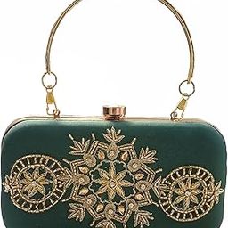 Women Green Hand Embroidered Clutch Purse (7" x 4")-image-36