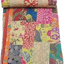 Fortune Creation Double Bed Patch Work Katha Stitched Double Thick bedsheets Bed Cover (Size: 90×108)-image-58