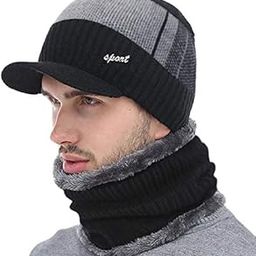 1 Set Hat Style Soft Casual Style Cap and Scarf Imported Warm Snow and Air Proof Fleece Knitted Cap (Inside Fur) Woolen Beanie Winter Cap with Scarf for Men Boy Male, Free Size, Black,Grey-picture-22