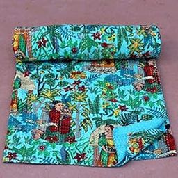 TI AMO Cotton Handmade Bedspread Kantha Quilt King Size Bohemian Bedspread Kantha Quilt Single (60 X 90 Inches (Twin Size), RamaGreen)-image-82