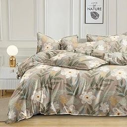 Sofia Floral Bedding Set, 5 Piece Dohar Set, Beige with White Flowers and Green Leaves Pattern-image-64