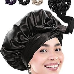 Atrube Silk Satin Hair Bonnet Reversible Sleep Hair Care Cap Adjustable Tie Band Head Sleeping Women, Scrunchies Comb Satin Wrap,Standard, Multicolor,Free Size-18