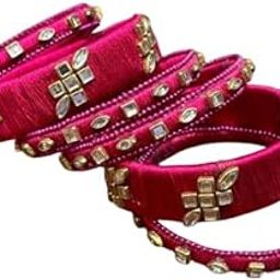 Traditional Crystal Rhinestone Bangles Set, Gold-Plated, 6.5 cm, Set of 6, Pink with Thread Work-13