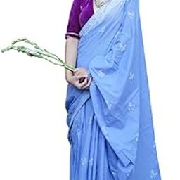 Pure Cotton Mul Mul Saree For Women | Hand Block Cotton Mulmul Sarees For Wedding | Office Wear Mulmul Cotton Sarees Without Blouse (5.5 Meters Saree) (Blue)-image-2