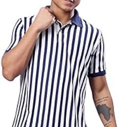 Striped Polo T-Shirt, Navy Blue and White, Short Sleeve, Casual Wear-image-95