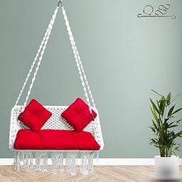 Patiofy Premium Large Double Seater Swing Chair/2 Seater Swing for Balcony, Living Room, 2 Seater Swing for Home/Jhula for Adults/Includes Hanging Kit. 2 Small Red Cushion & 1 Sitting Cushion (White)-1