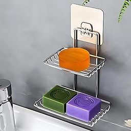 HOMIFYHUB - Stainless Steel Soap Holder Wall Mounted Self Adhesive Wall Mount Soap Stand for Bathroom Double Layer Soap Tray Wall Hanging Waterproof Kitchen Accessories Silver Colour (Set of 1)-image-14