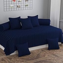 AASHIYANA SAJONA Microfiber Solid & Striped 8 Pieces Diwan Set with 1 Single Bedsheet, 5 Cushions Covers and 2 Bolster Covers (Navy Blue)-67