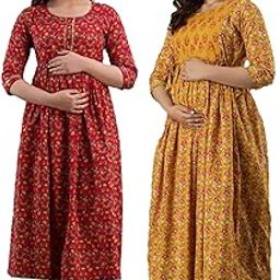 HRK VEMON Women's Pure Cotton Printed Maternity Gown Feeding Nighty A-line Feeding Dress Kurti Gown for Women Pack of 2-26
