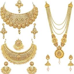 Spectacular LCT Gold Plated Wedding Jewellery Pearl Choker & Long Haram Necklace Set Combo for Women (SKR58123), Golden, Free Size-image-73