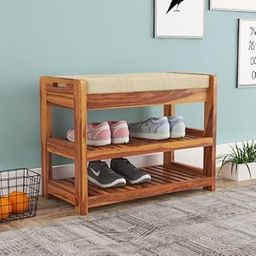 Wooden Shoe Rack for Home - Sheesham Wood Entryway Seating Bench with Cushion & Storage Shelf for Shoe Organiser (Teak Finish)-12