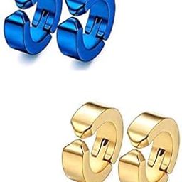 Jewellery Blue and Golden Gold Plated Copper and Brass Clip-on Press Non-Piercing Hoop Stud Earrings for Unisex-image-1