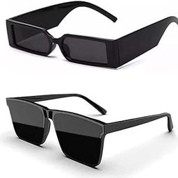 Vintage Square Light Weight Uv Protection Non Polarized Sunglasses For Unisex Retro Combo Googles Pack Of 2, Medium, Black-image-2