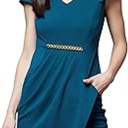 Women's Solid V-Neck Cap Sleeves Polyester Side Pocketed Knee Long Dress (Plus-image-8
