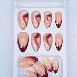 Press-On Nails Set, Burgundy Ombre with Heart Design, 24 Pieces, Wedding Party Festival Artificial Nails-image-55