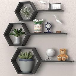 AALIYA MART Wooden Floating Wall Shelves for Living Room, Wall Mounted Set of 6 Hexagon Shelves for Photos Plants and Wall Decor Honeycomb Wall Shelves for Bedroom (Black)-image-49