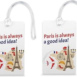 Rhymex Paris Quote Travel Luggage Tags | Set of 2 Printed Bag ID Tags with Eiffel Tower & Travel Typography Design | Waterproof | Multicolor-picture-1
