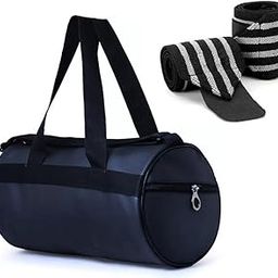 Rainox Combo Pack of PU-Leather Black Gym Bag, Gym Duffel Bag with Shoulder Strap for Men & Women with Grey Wrist Support Gym Band-25