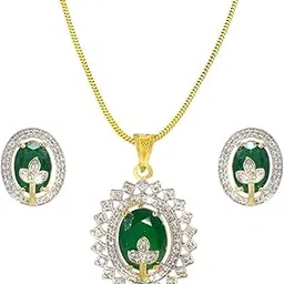 priviu Studio Gold-Plated Green Oval AD-Studded Pendant Set For Women & Girls-picture-27