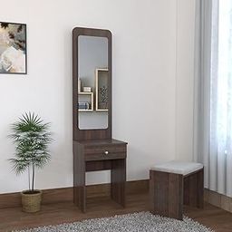 Wooden Dressing Table for Bedroom with 1 Drawer, Mirror and Huge Storage Space with Stool Long Dresser Vanity Table with Mirror (Giant Wood and Frosty Brown)-image-80