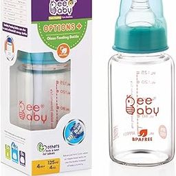 BeeBaby Options+ Glass Feeding Bottle with Anti-Colic Silicone Nipple for Babies, New Borns, Infants.Made of Borosilicate Glass 100% BPA Free (125 ml, Blue, 4M+)-23