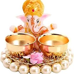 Elegance Attractive & Ethnic Ganpati Haldi Kumkum Stand with 2 Roli Chawal Holder for Temple/Rakhi/Welcome Plate/Return Gift/Wedding/Home Pooja Thali Set(Pack of 1)-image-1
