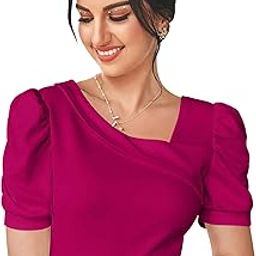 Women's Polyester Slim Fit Puff/Balloon Bishop Sleeve Elegant Casual Tee Top, 23" Inches - (Top Paris-01)-image-63