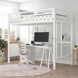 MUTICOR Loft Bed Frame for Juniors&Adults, Metal Loft Bed Twin Size with Safety Guardrail&Removable Ladder, Space-Saving, Noise Free, Cream White-28