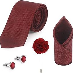 Neuro Club Men's Solid Micro Self Silk Necktie Gift Set With Pocket Square Cufflinks & Brooch Pin Formal Tie With Wooden Box (Free Size) (Maroon04)-image-90