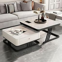 Skaffix Square Coffee Table with Handmade Drawer: Elegant Iron Frame Nesting Tea Table with Wood Top for Living or Drawing Room Centre Table Tea Cable Bed Room End Table (Black & White)-image-57