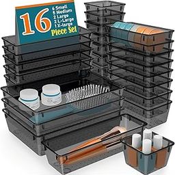 Nurah Set of 16 Multi-Purpose Unbreakable Drawer Storage Organizer or Organiser Storage Boxes Dressing Table Organizer Trays Set Best Use for Kitchen Bedroom Bathroom Office (Grey, Set of 16 Pc)-32